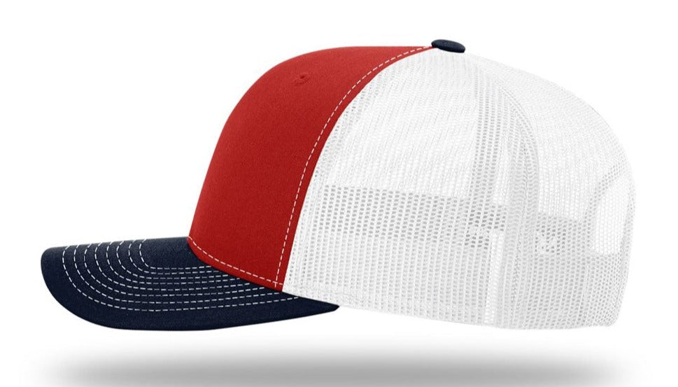 Richardson 112 Blank Low Profile Snapback Mesh Baseball Trucker Hat Cap Hot Red, White, & Navy Blue