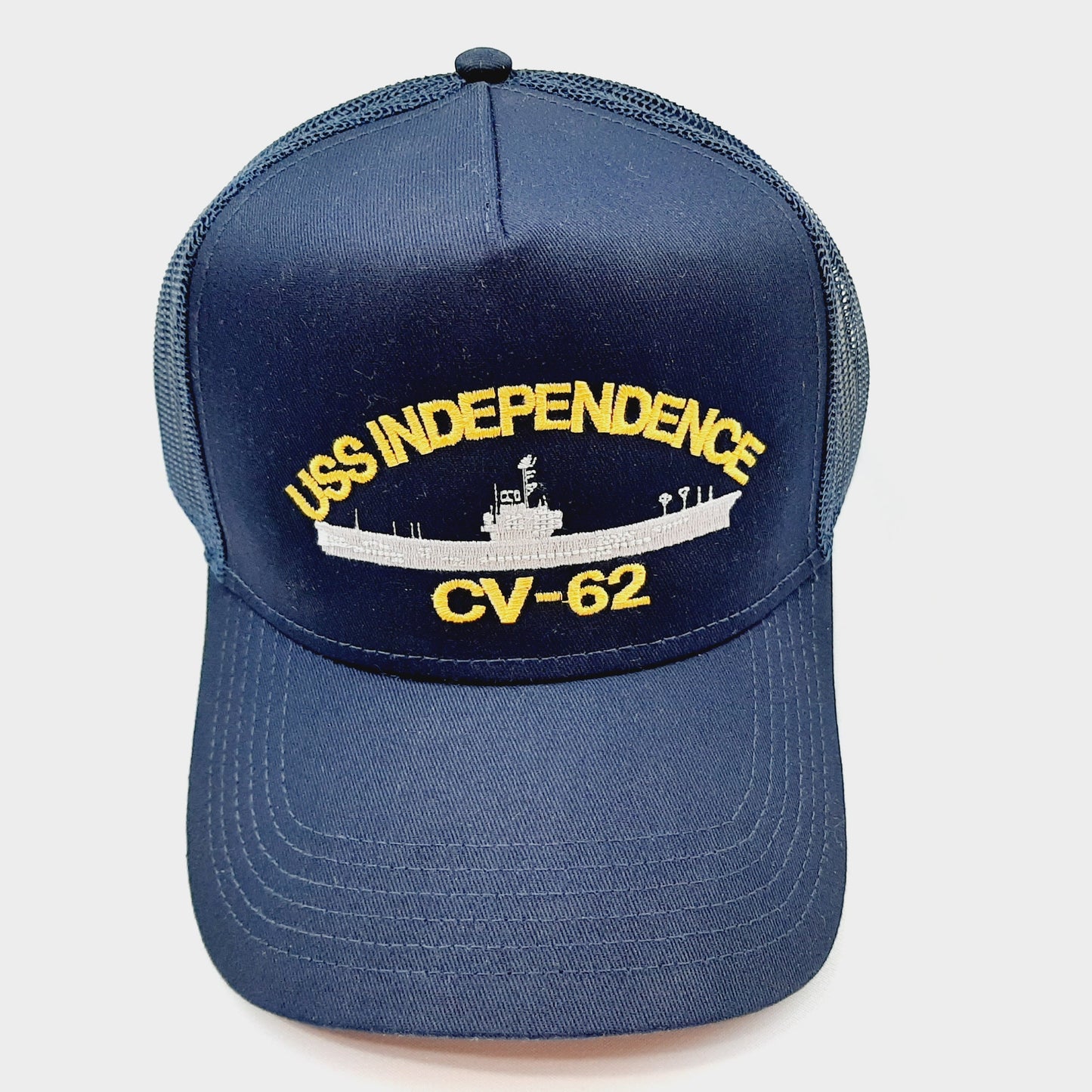 USS Independence CV-62 Trucker Mesh Snapback Hat Navy Blue Cotton Front Panel Polyester Rear Panels US Navy Baseball Cap