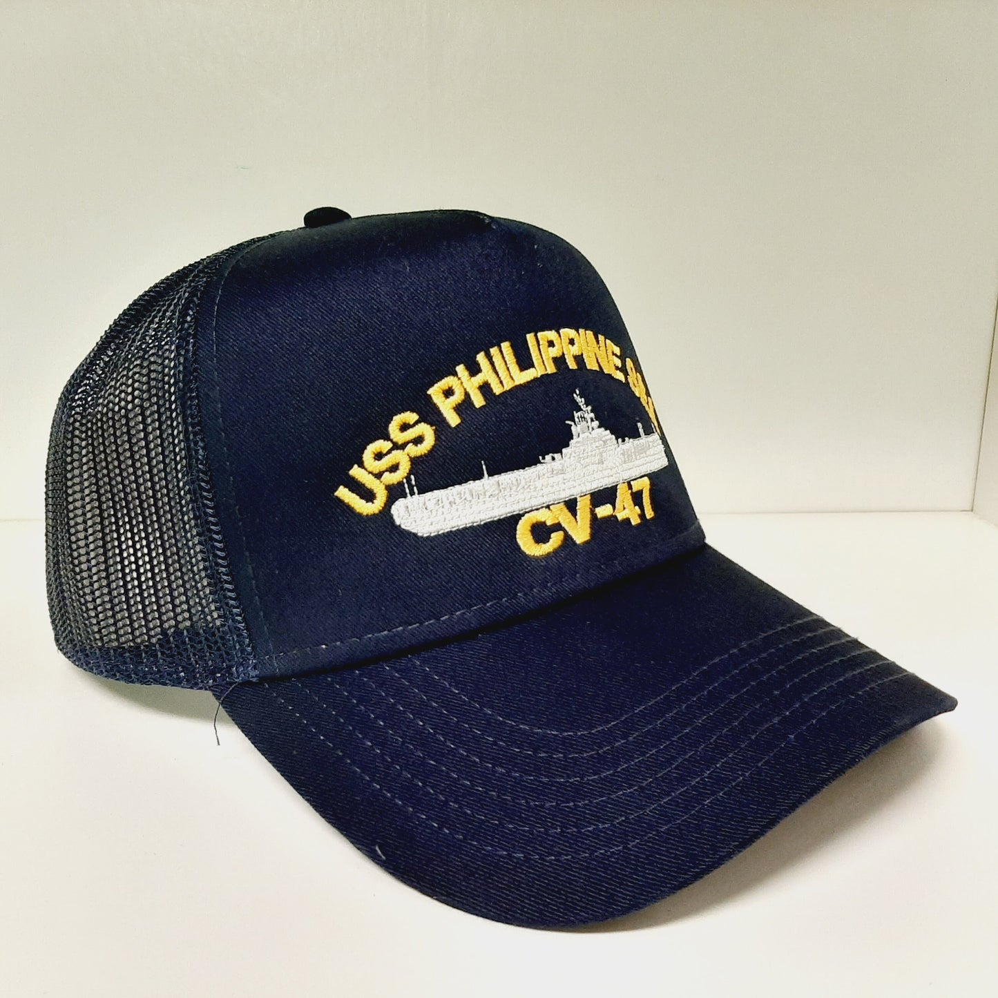 USS Philippine Sea CV-47 Navy Ship Baseball Cap Blue Mesh Snapback 3.5 inch Profile Cotton Front Panel