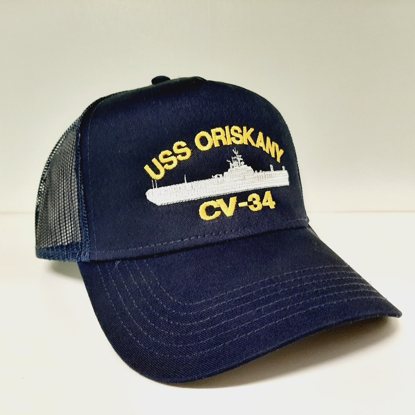 USS Oriskany CV-34 Navy Ship Baseball Cap Blue Mesh Snapback 3.5 inch Profile Cotton Front Panel