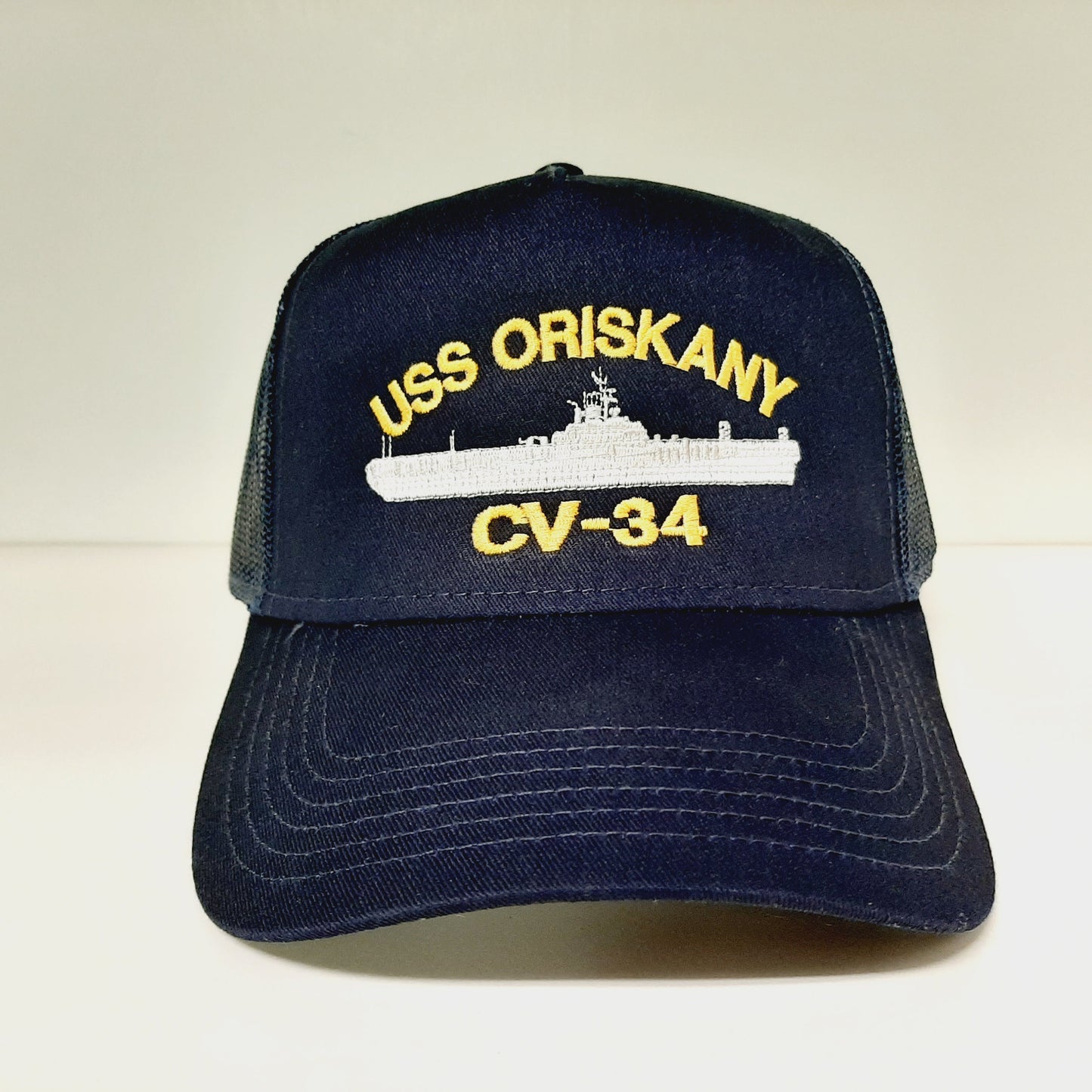 USS Oriskany CV-34 Navy Ship Baseball Cap Blue Mesh Snapback 3.5 inch Profile Cotton Front Panel