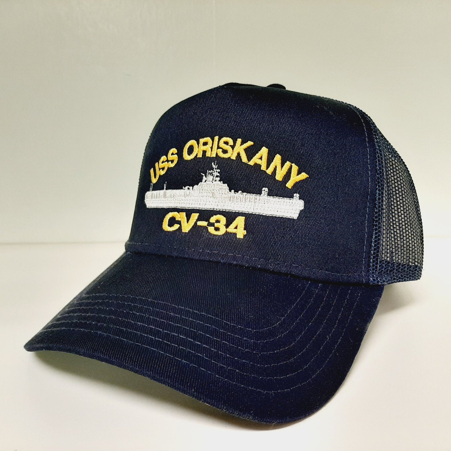 USS Oriskany CV-34 Navy Ship Baseball Cap Blue Mesh Snapback 3.5 inch Profile Cotton Front Panel
