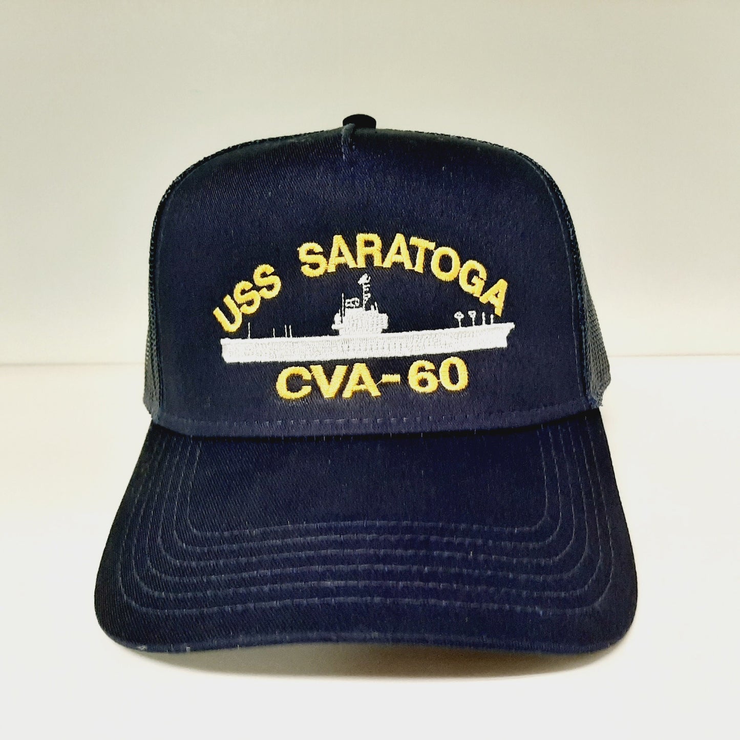 USS Saratoga CVA-60 Navy Ship Baseball Cap Blue Mesh Snapback 3.5 inch Profile Cotton Front Panel