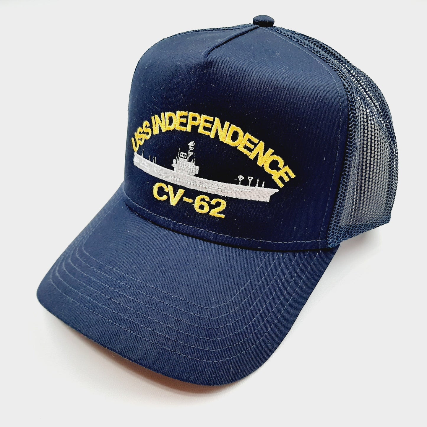 USS Independence CV-62 Trucker Mesh Snapback Hat Navy Blue Cotton Front Panel Polyester Rear Panels US Navy Baseball Cap
