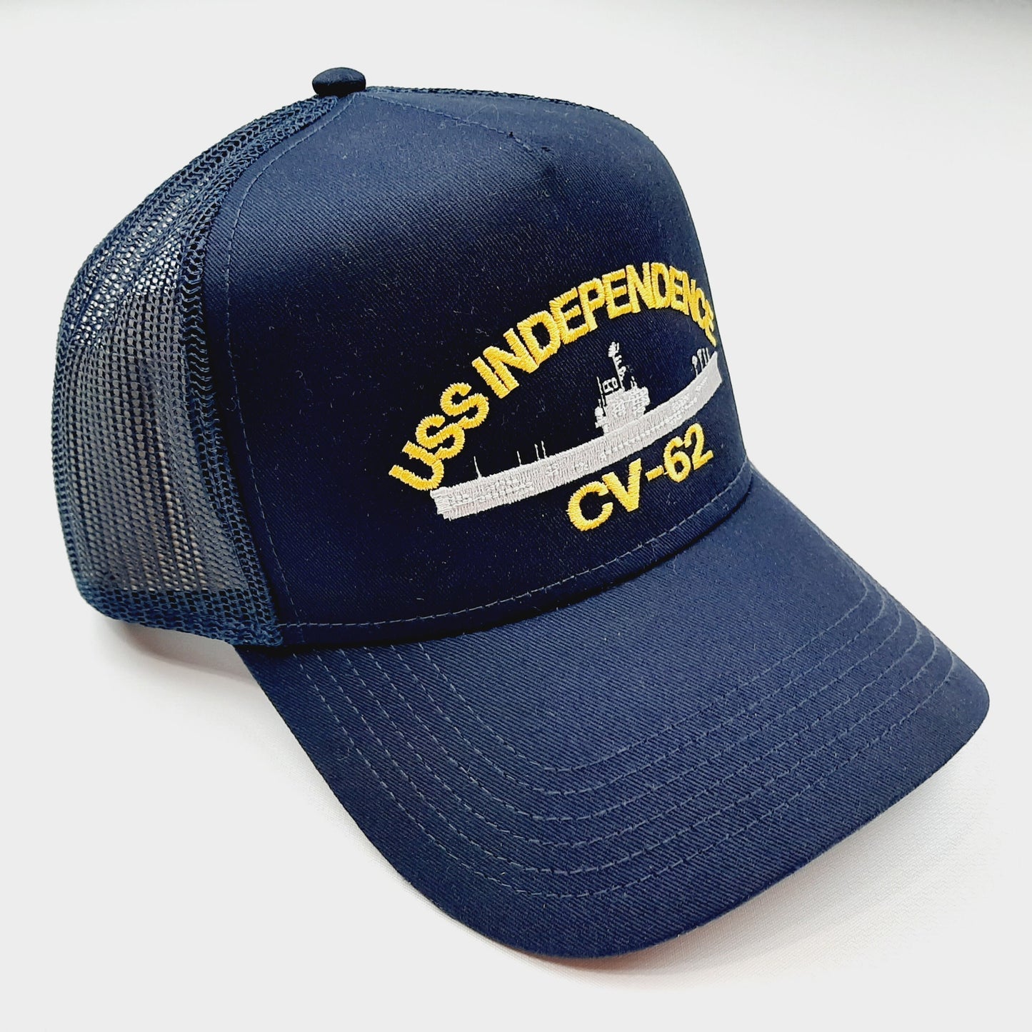 USS Independence CV-62 Trucker Mesh Snapback Hat Navy Blue Cotton Front Panel Polyester Rear Panels US Navy Baseball Cap