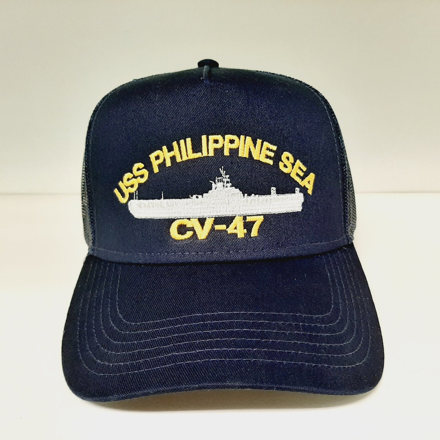 USS Philippine Sea CV-47 Navy Ship Baseball Cap Blue Mesh Snapback 3.5 inch Profile Cotton Front Panel