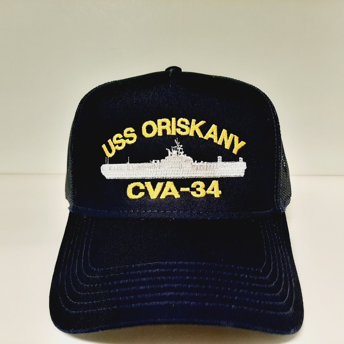 USS Oriskany CVA-34 Navy Ship Baseball Cap Blue Mesh Snapback 3.5 inch Profile Cotton Front Panel