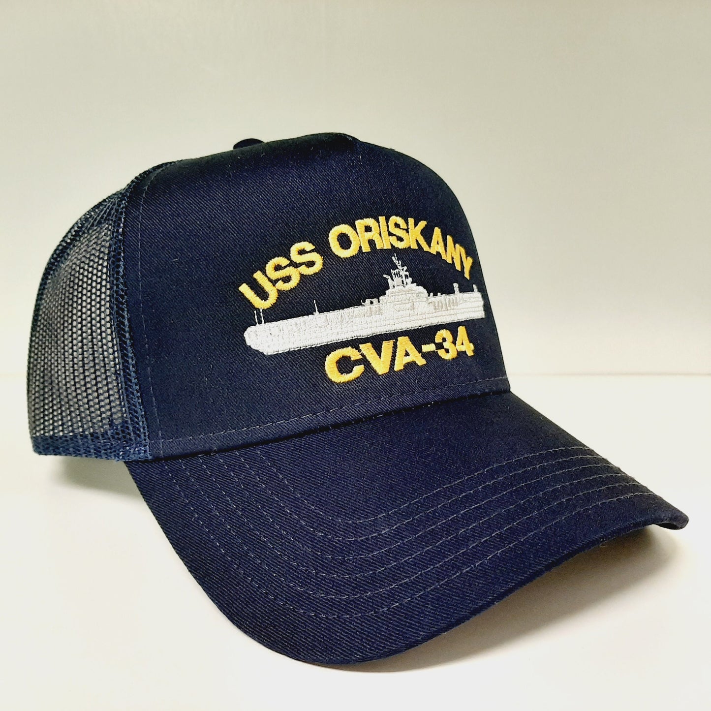 USS Oriskany CVA-34 Navy Ship Baseball Cap Blue Mesh Snapback 3.5 inch Profile Cotton Front Panel
