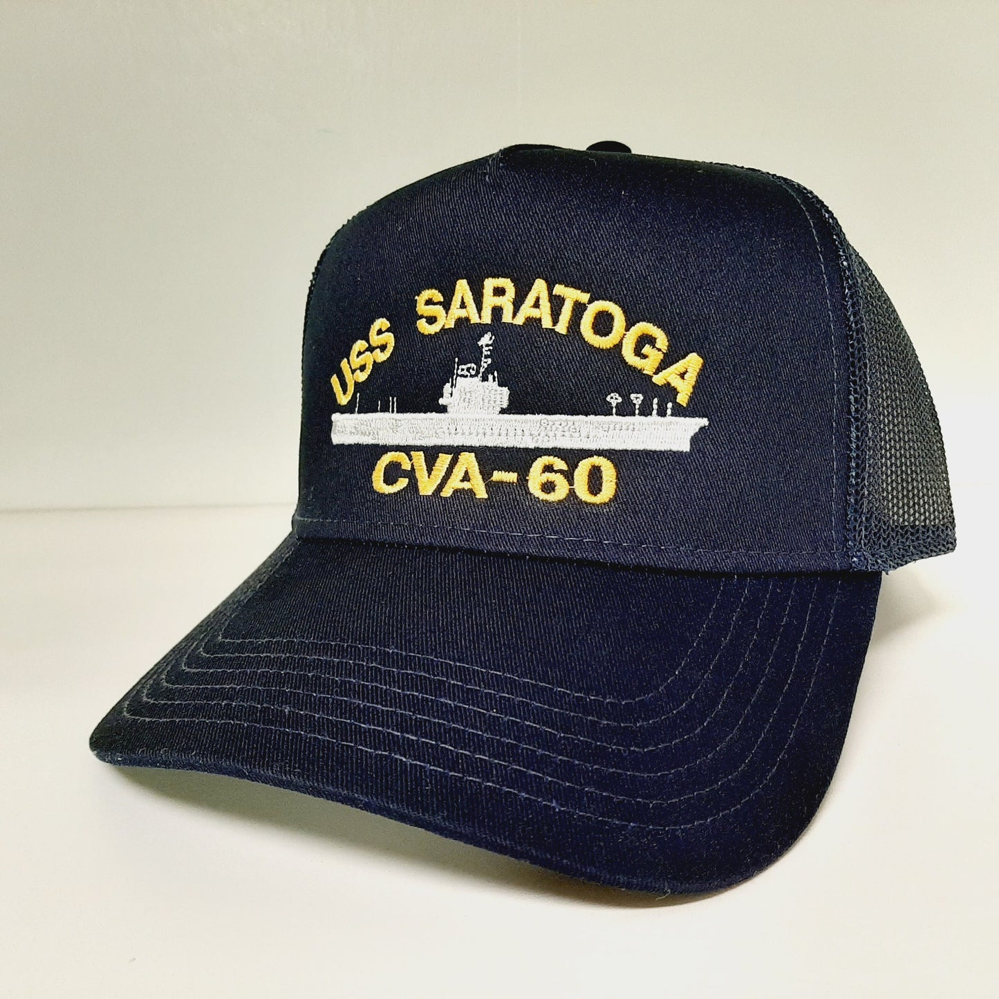 USS Saratoga CVA-60 Navy Ship Baseball Cap Blue Mesh Snapback 3.5 inch Profile Cotton Front Panel