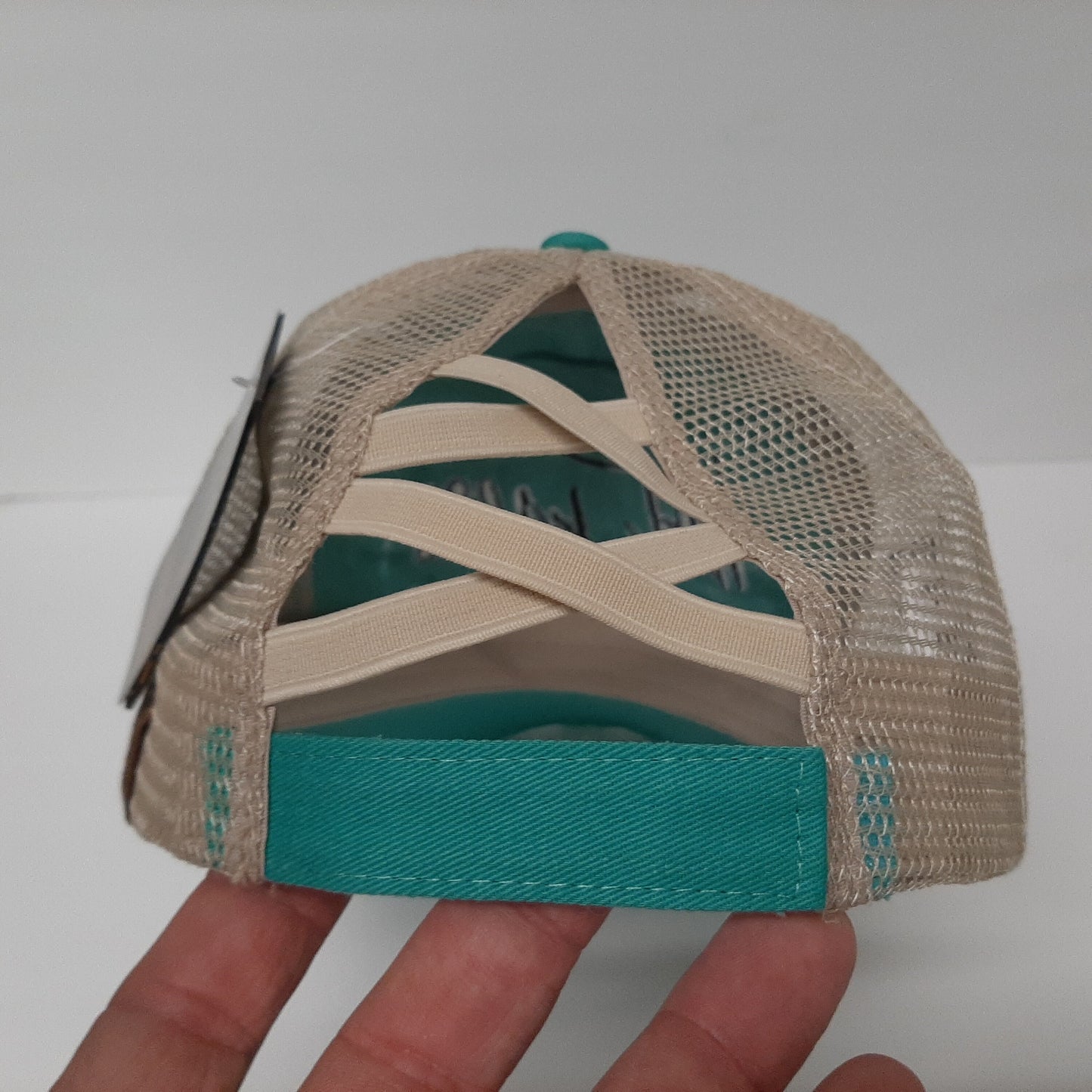 Hot Mess Women's Embroidered Pony Tail Criss Cross Hat Cap Teal Cotton