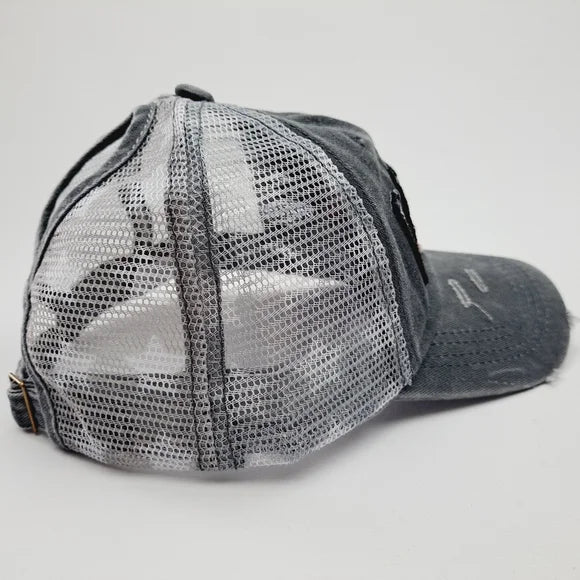 Patriotic USA Embroidered Patch Ponytail Hat Cap Mesh Net Stars Gray Relaxed Cotton