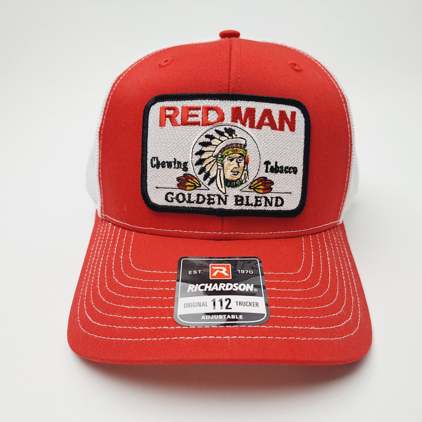 Redman Red Man Embroidered Patch Richardson 112 Trucker Mesh Snapback Cap Hat Red & White