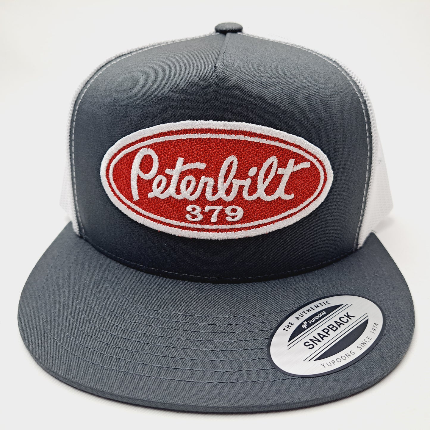 Peterbilt 379 Vintage Patch Flat Bill Trucker Mesh Snapback Hat Cap Gray & White