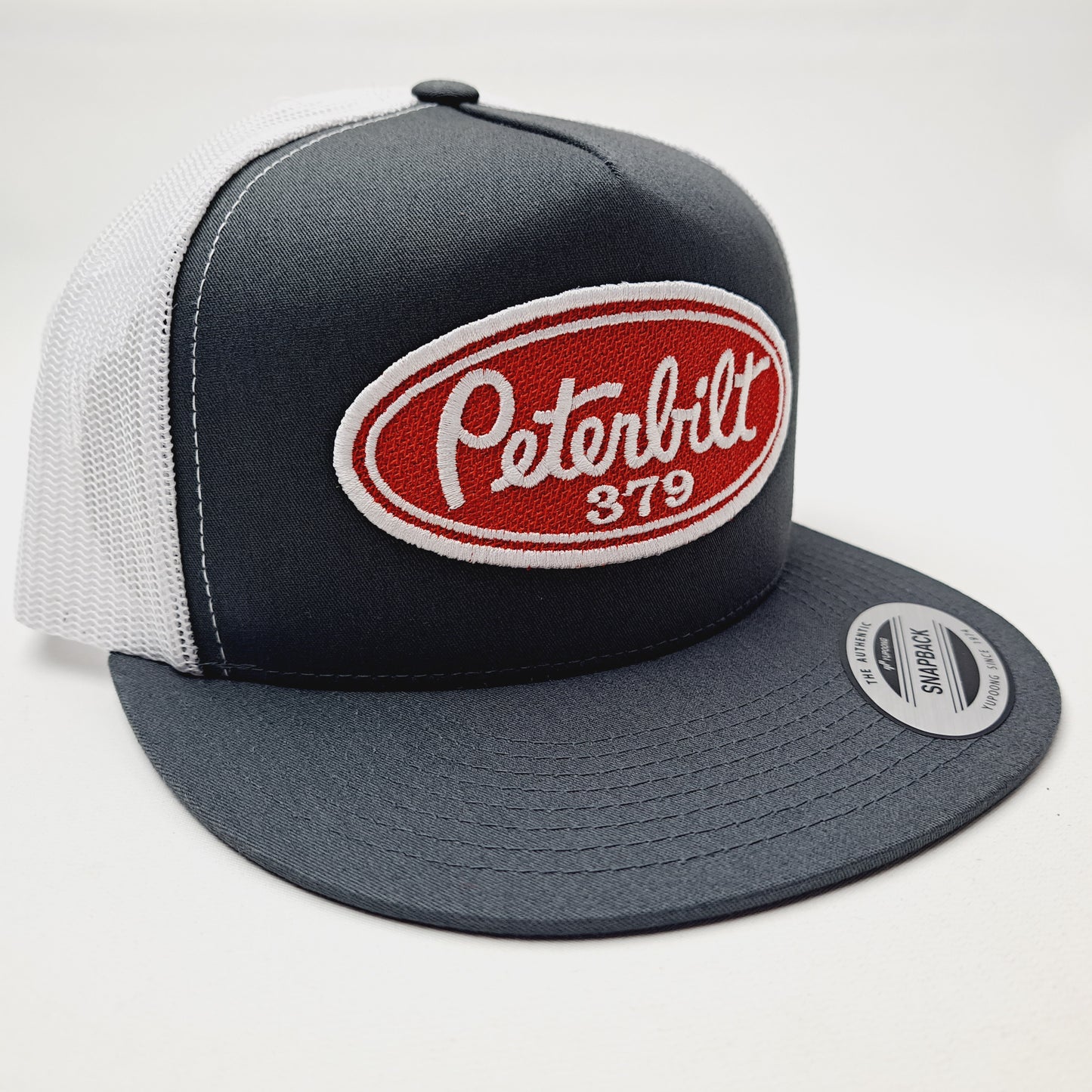 Peterbilt 379 Vintage Patch Flat Bill Trucker Mesh Snapback Hat Cap Gray & White
