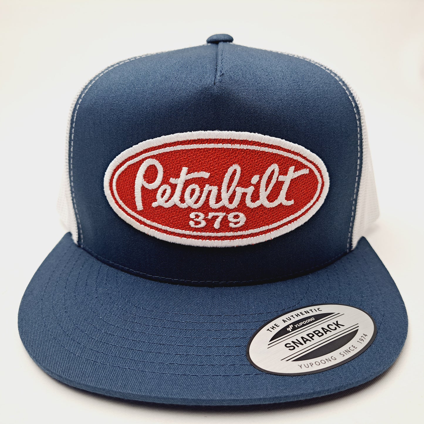 Peterbilt 379 Vintage Patch Flat Bill Trucker Mesh Snapback Hat Cap Blue & White