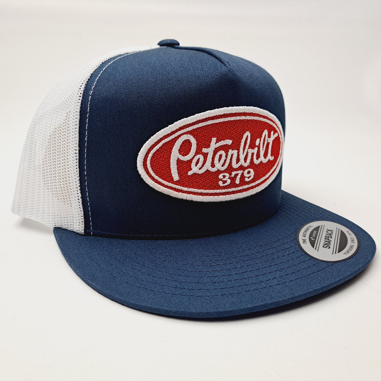 Peterbilt 379 Vintage Patch Flat Bill Trucker Mesh Snapback Hat Cap Blue & White