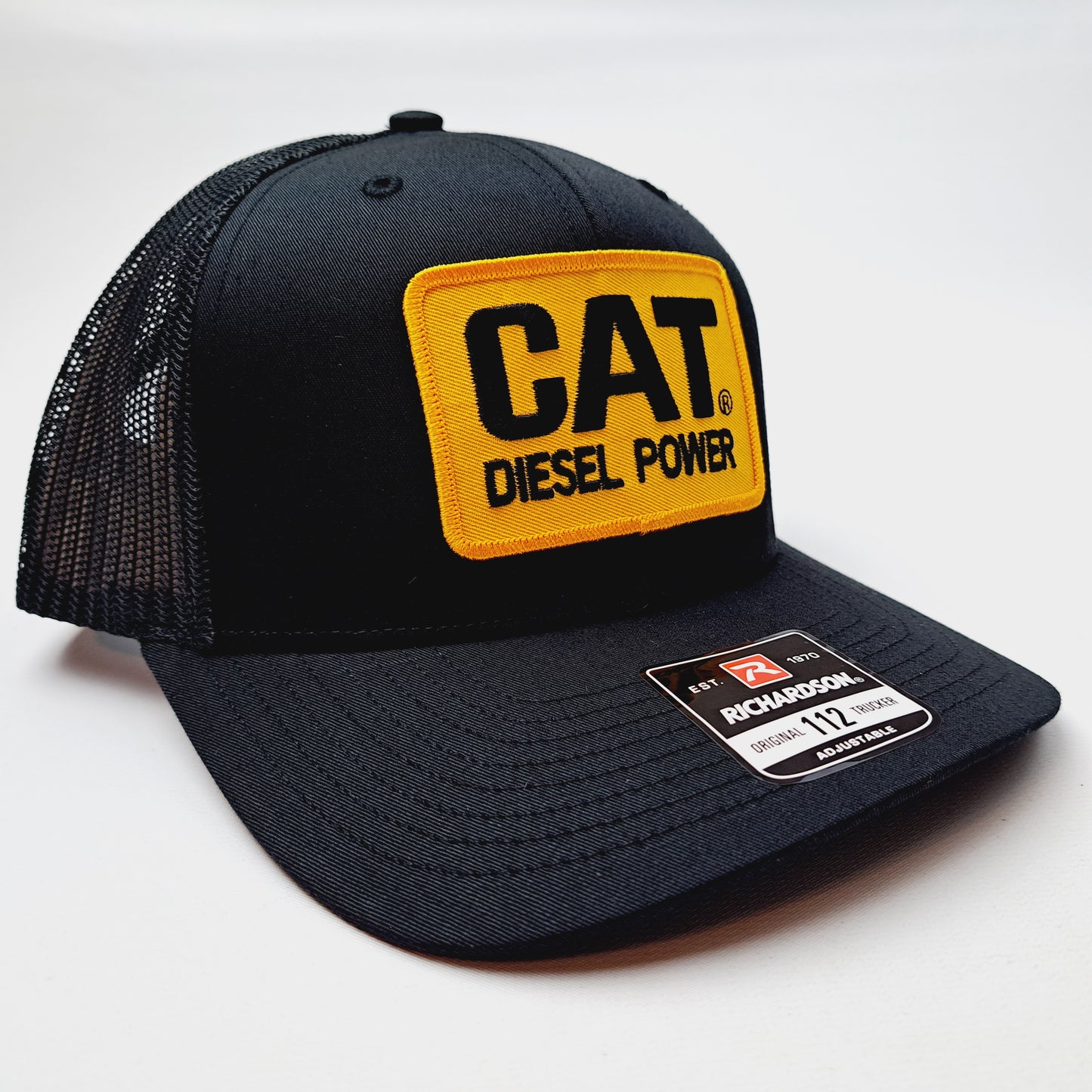 CAT Diesel Power Embroidered Patch Richardson 112 Curved Bill Trucker Mesh Snapback Cap Hat Black