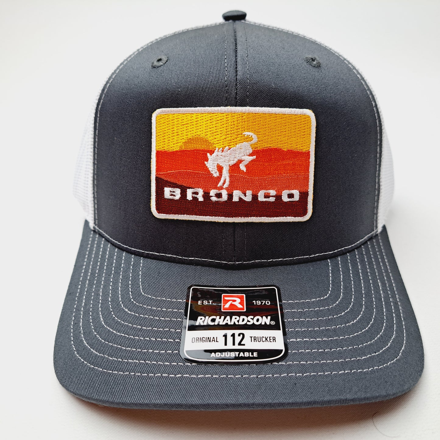 Ford Bronco Embroidered Patch Richardson 112 Trucker Mesh Snapback Cap Hat Gray & White