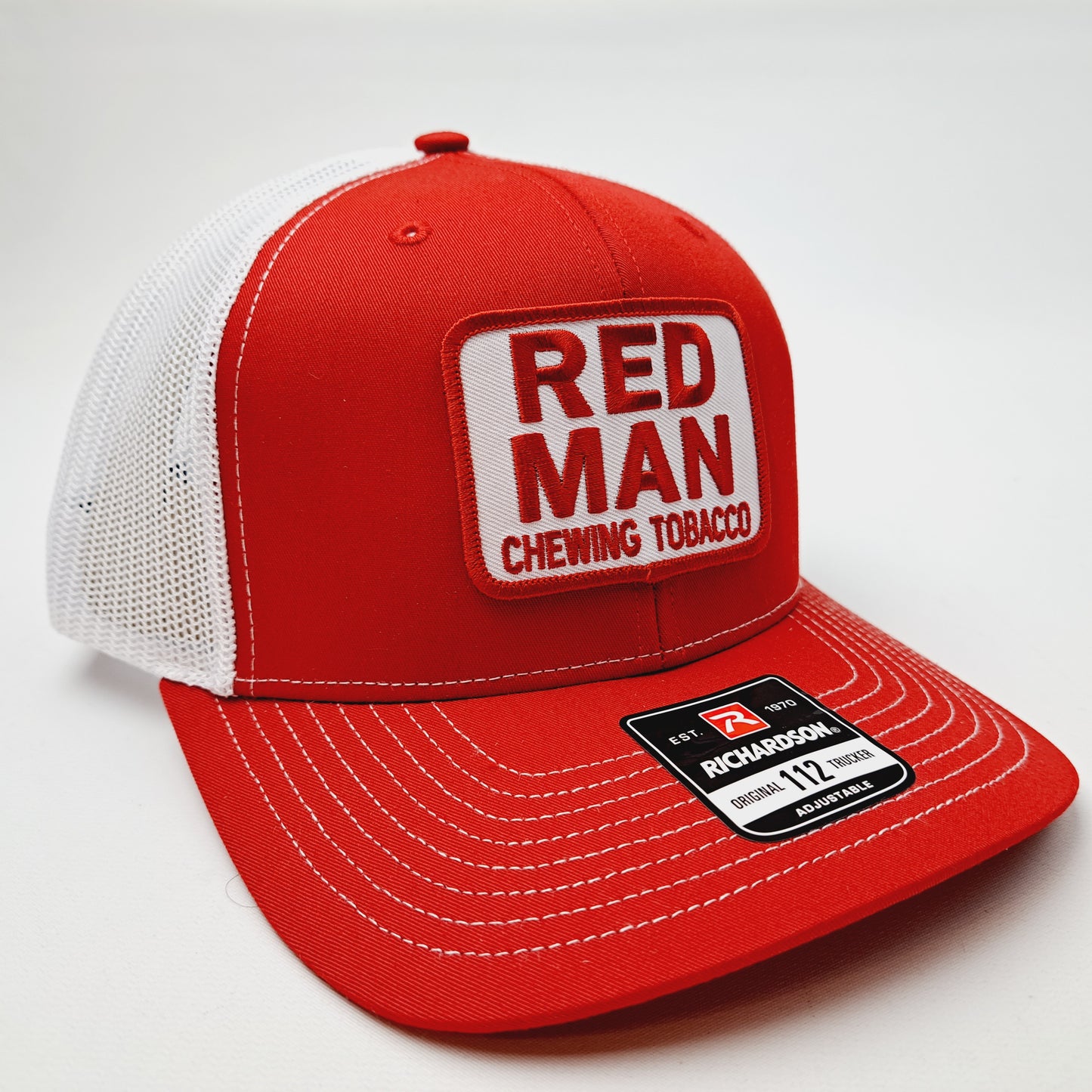 Redman Red Man Embroidered Patch Richardson 112 Trucker Mesh Snapback Cap Hat Red & White