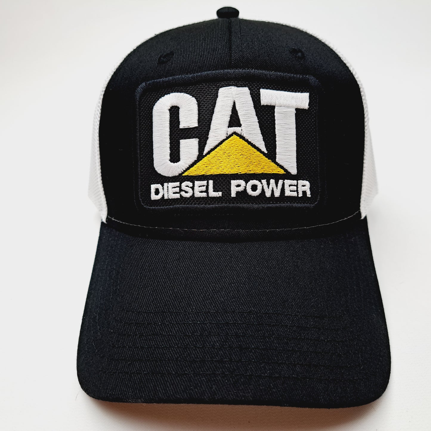 Cat Diesel Hat Embroidered Patch Black Mesh Snapback Low Profile Cap Black & White