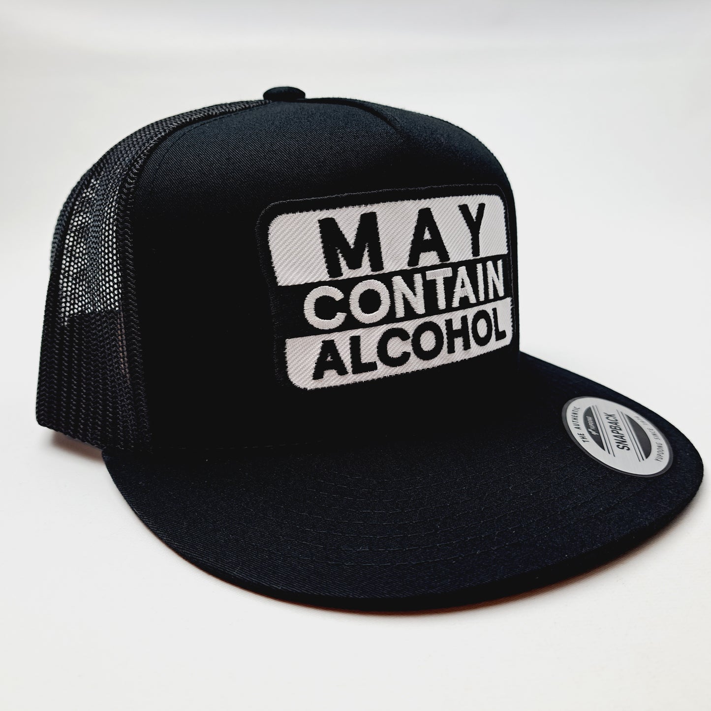 May Contain Alcohol Embroidered Patch Trucker Mesh Snapback Cap Hat Black