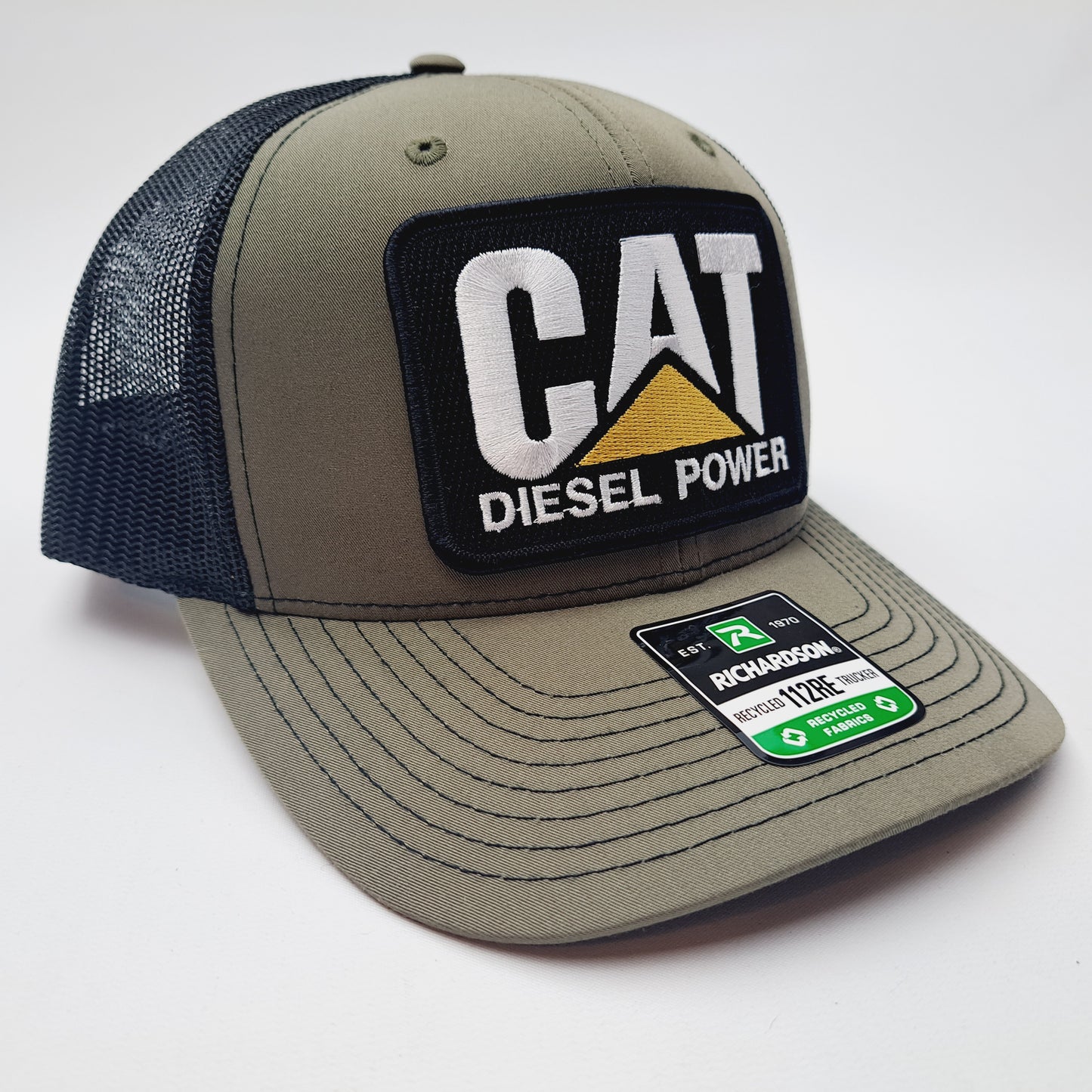 CAT Diesel Power Embroidered Patch Richardson 112RE Curved Bill Trucker Mesh Snapback Cap Hat Black