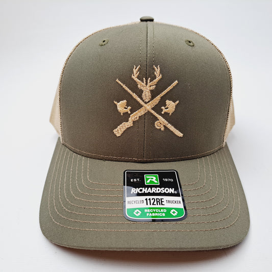 Hunting & Fishing Embroidered  Richardson 112RE Curved Bill Trucker Snapback Cap Hat Loden and Tan Mesh