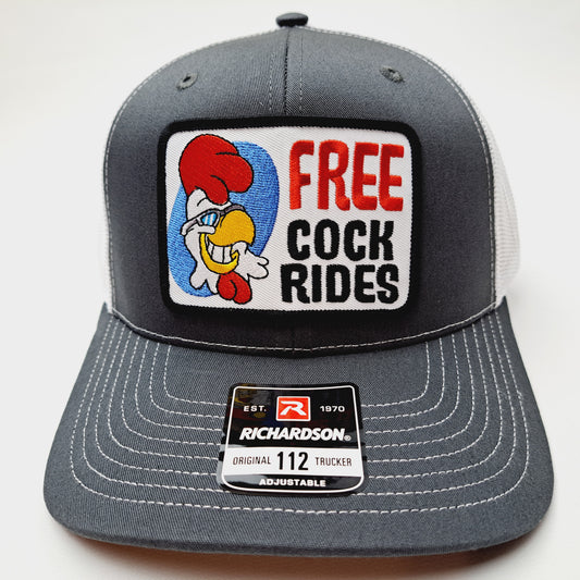 Free Cock Rides Embroidered Patch Richardson 112 Trucker Mesh Snapback Cap Hat Gray & White