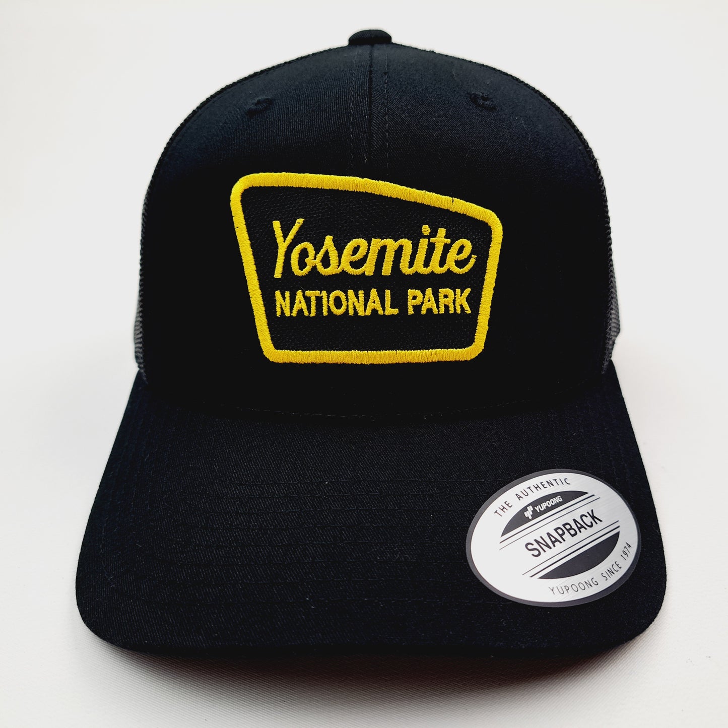 Yosemite National Park curved bill embroidered patch mesh snapback cap hat black