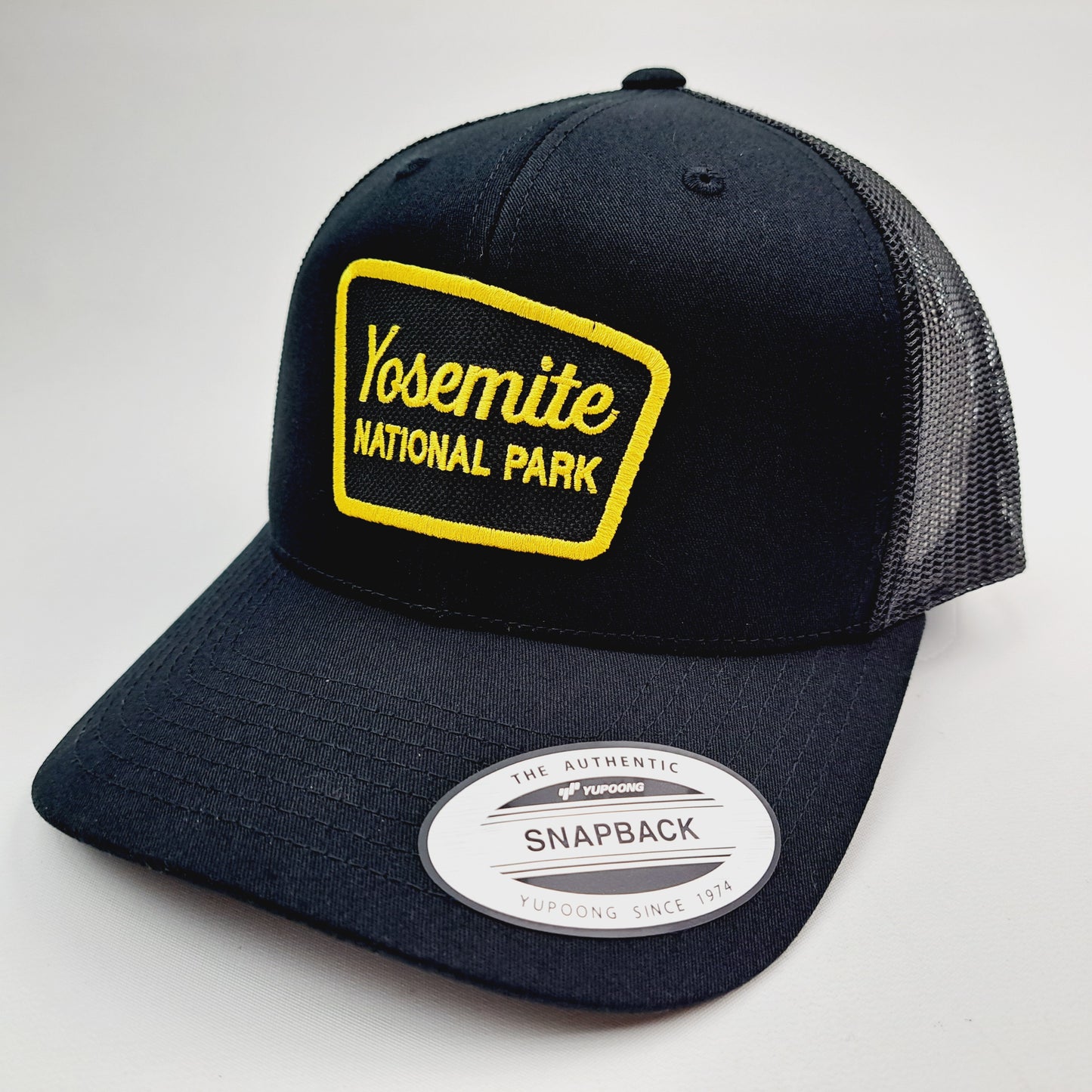 Yosemite National Park curved bill embroidered patch mesh snapback cap hat black