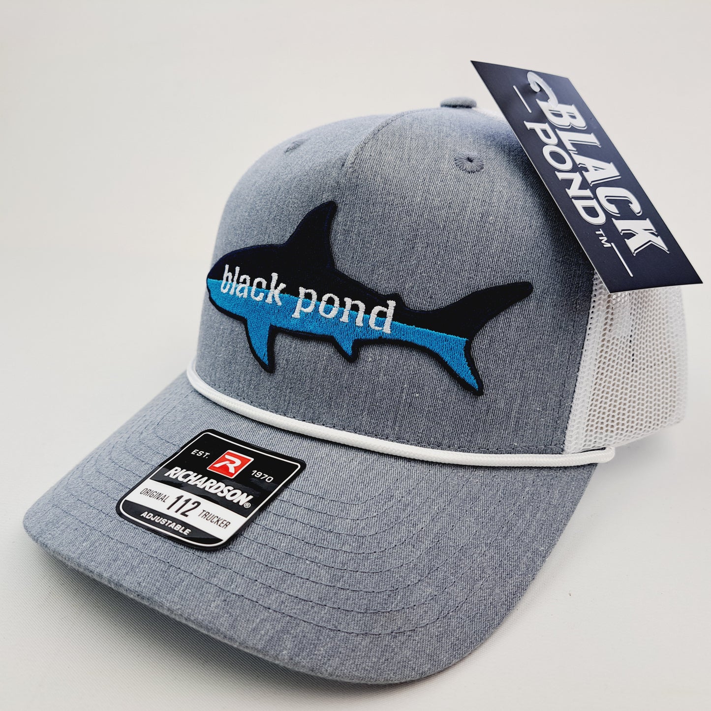 Black Pond Shark Fishing Richardson 112 Trucker Mesh Snapback Cap Hat Gray & White