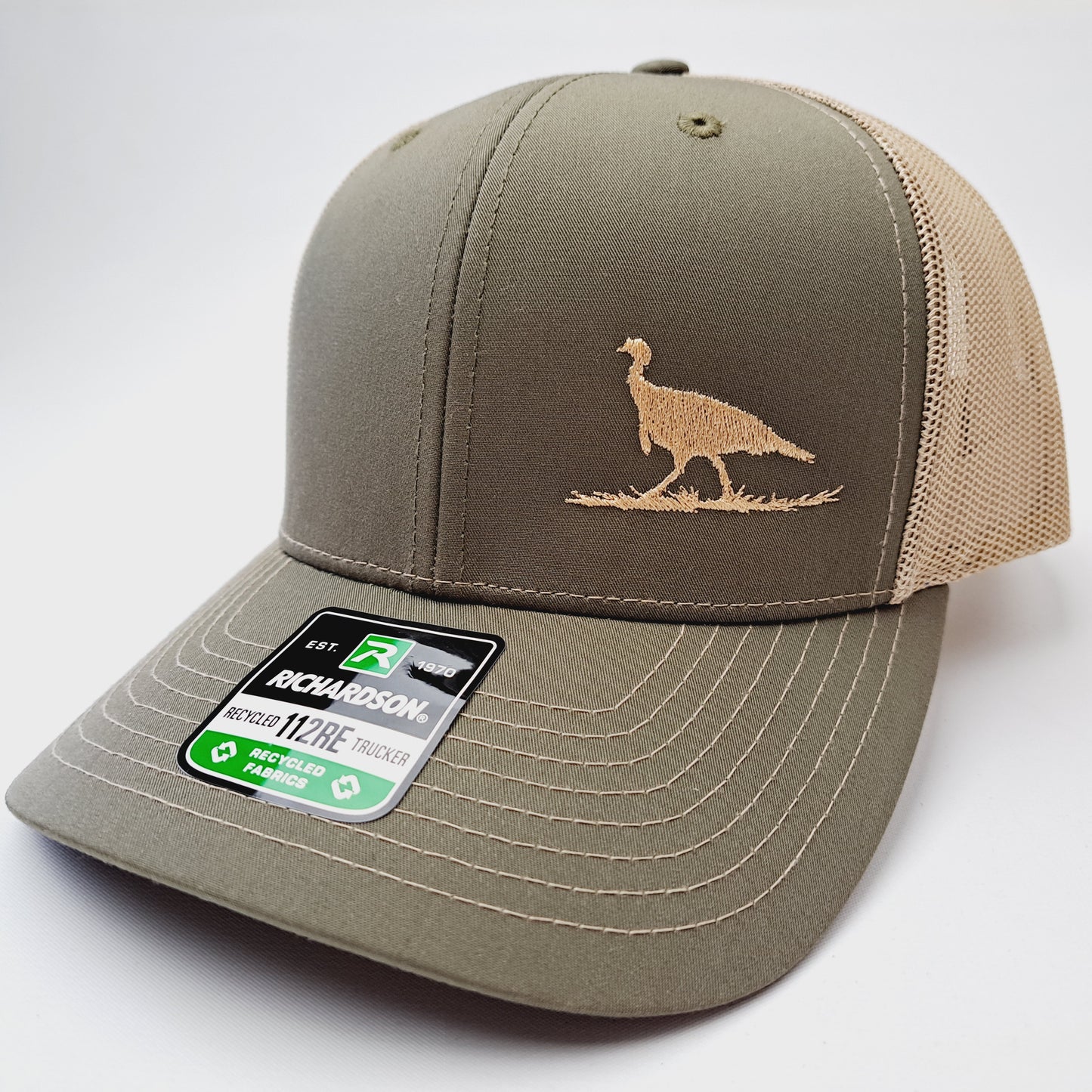 Turkey Hunter Hunting Embroidered  Richardson 112RE Curved Bill Trucker Snapback Cap Hat Loden and Tan Mesh