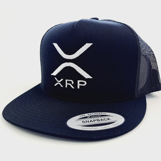XRP Crypto Ripple Flat Bill Trucker Mesh Snapback Hat Cap Embroidered Black