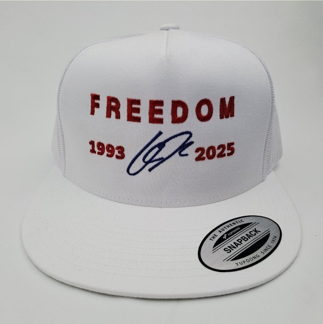Freedom Charlie Kirk Embroidered Flat Bill Trucker Mesh Snapback Cap White