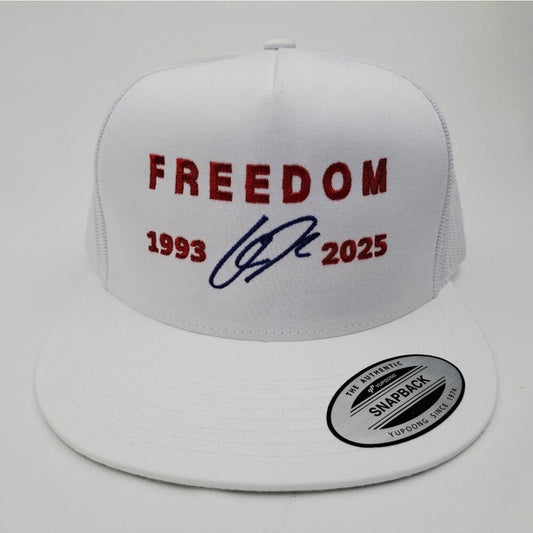 Freedom Charlie Kirk Embroidered Flat Bill Trucker Mesh Snapback Cap White