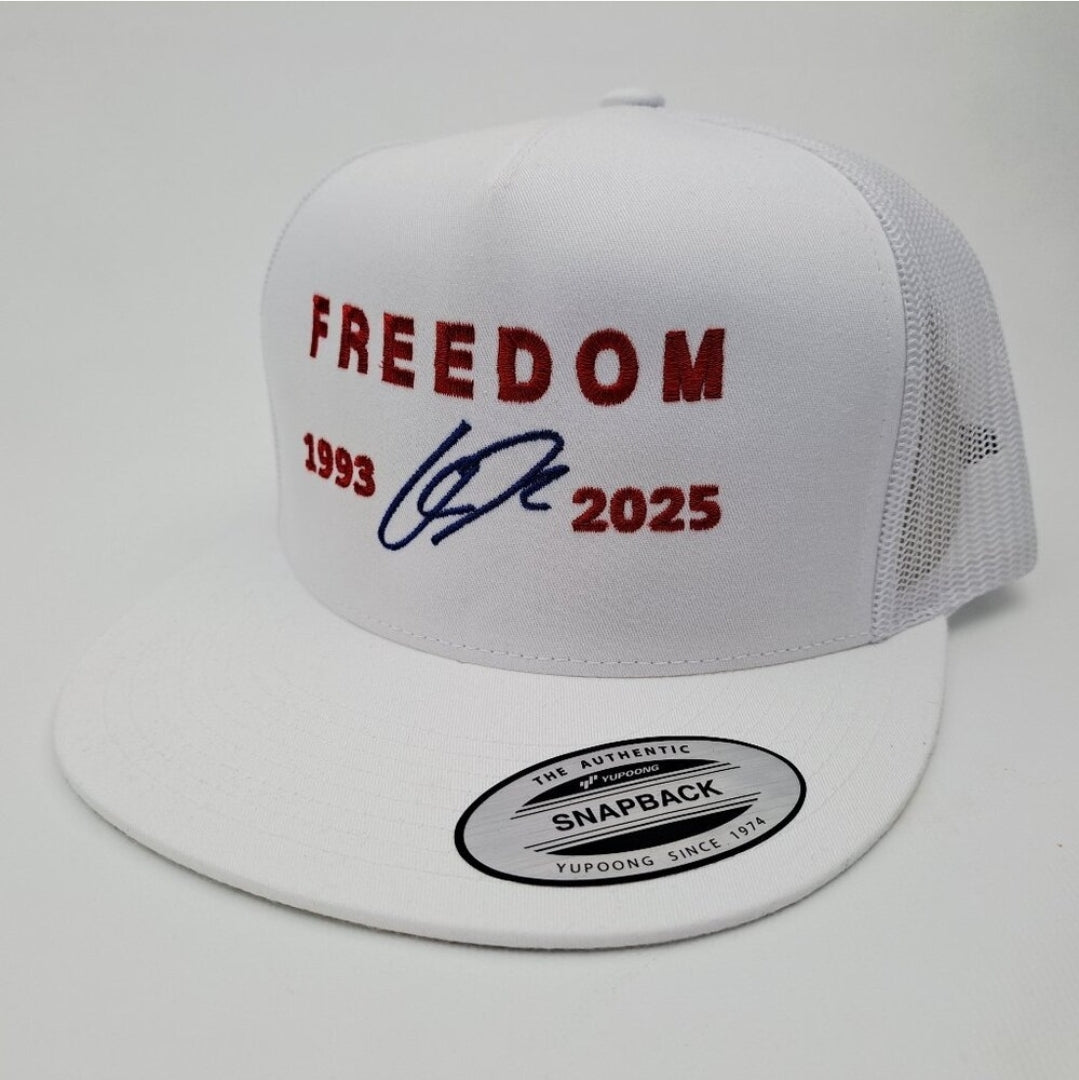 Freedom Charlie Kirk Embroidered Flat Bill Trucker Mesh Snapback Cap White
