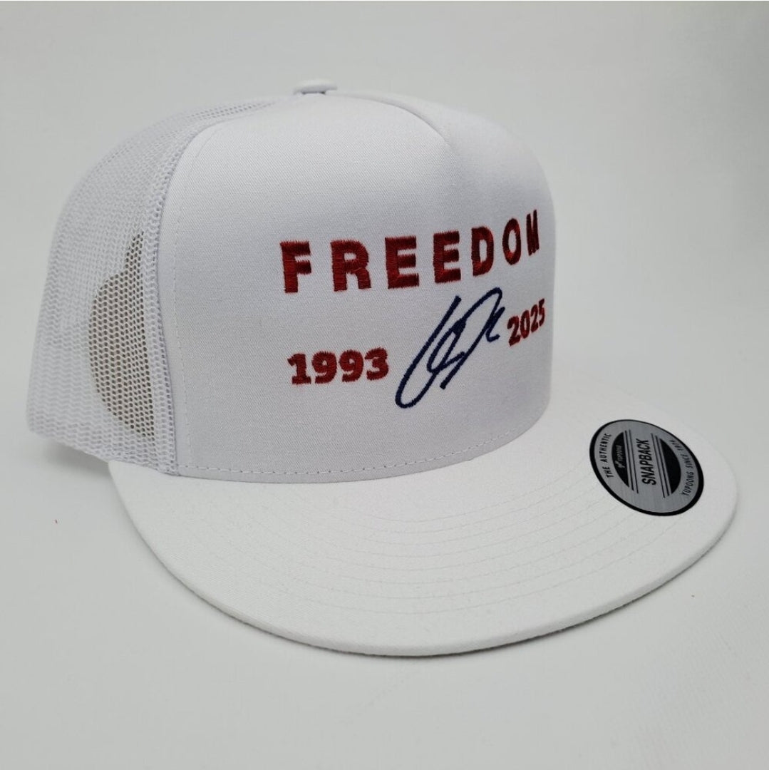 Freedom Charlie Kirk Embroidered Flat Bill Trucker Mesh Snapback Cap White