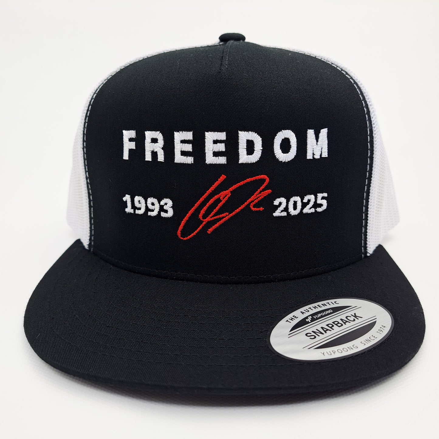 Freedom Charlie Kirk Embroidered Flat Bill Trucker Mesh Snapback Cap Black & White