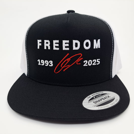 Freedom Charlie Kirk Embroidered Flat Bill Trucker Mesh Snapback Cap Black & White