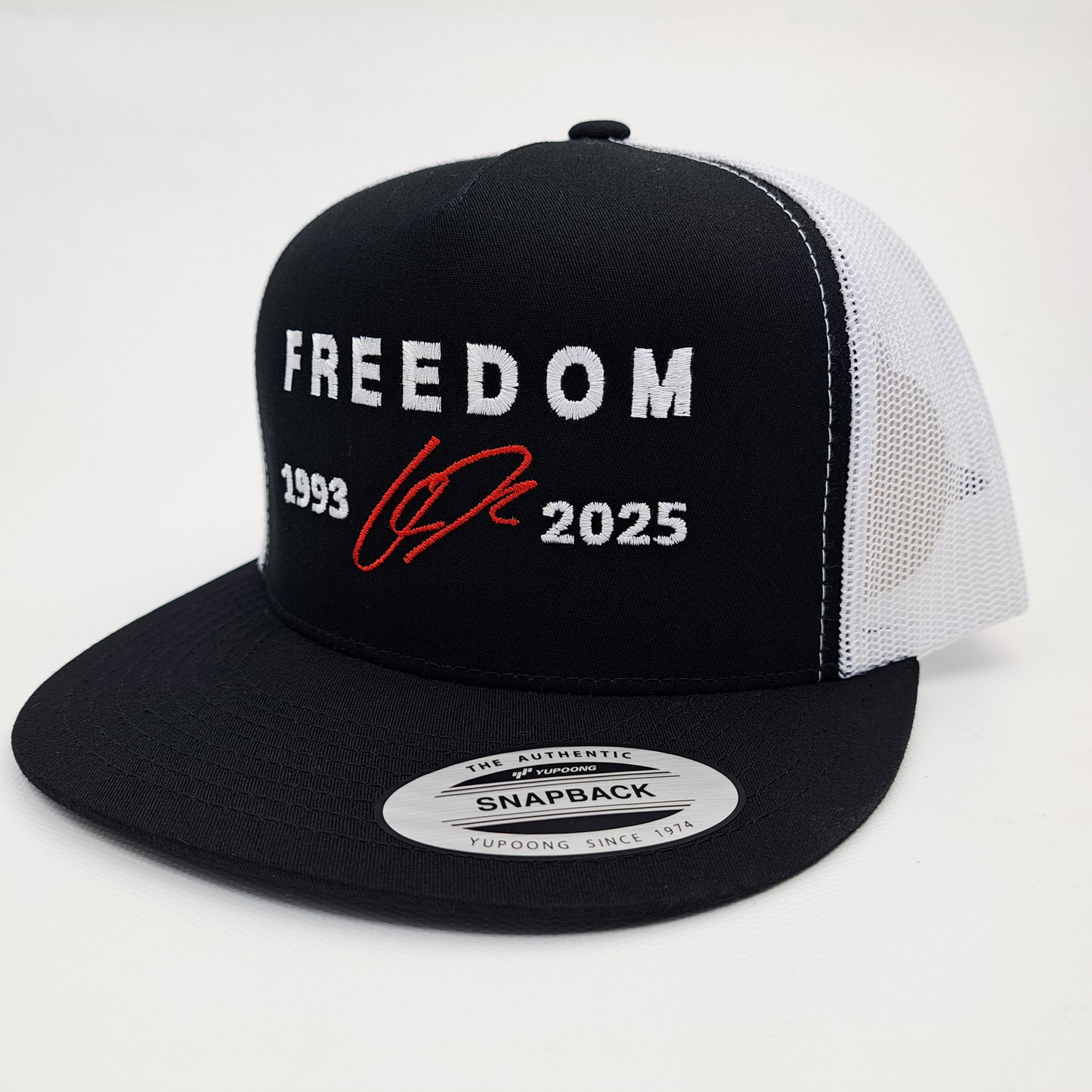 Freedom Charlie Kirk Embroidered Flat Bill Trucker Mesh Snapback Cap Black & White