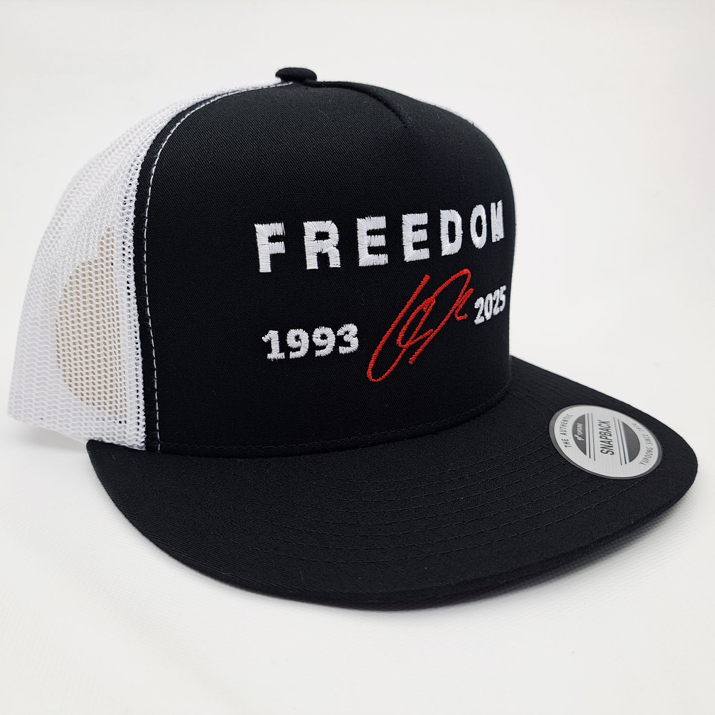Freedom Charlie Kirk Embroidered Flat Bill Trucker Mesh Snapback Cap Black & White