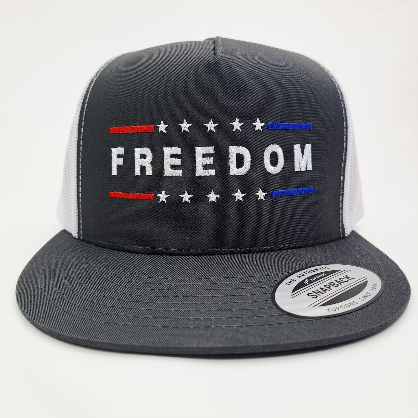 Freedom Charlie Kirk Embroidered Flat Bill Trucker Mesh Snapback Cap Charcoal Gray