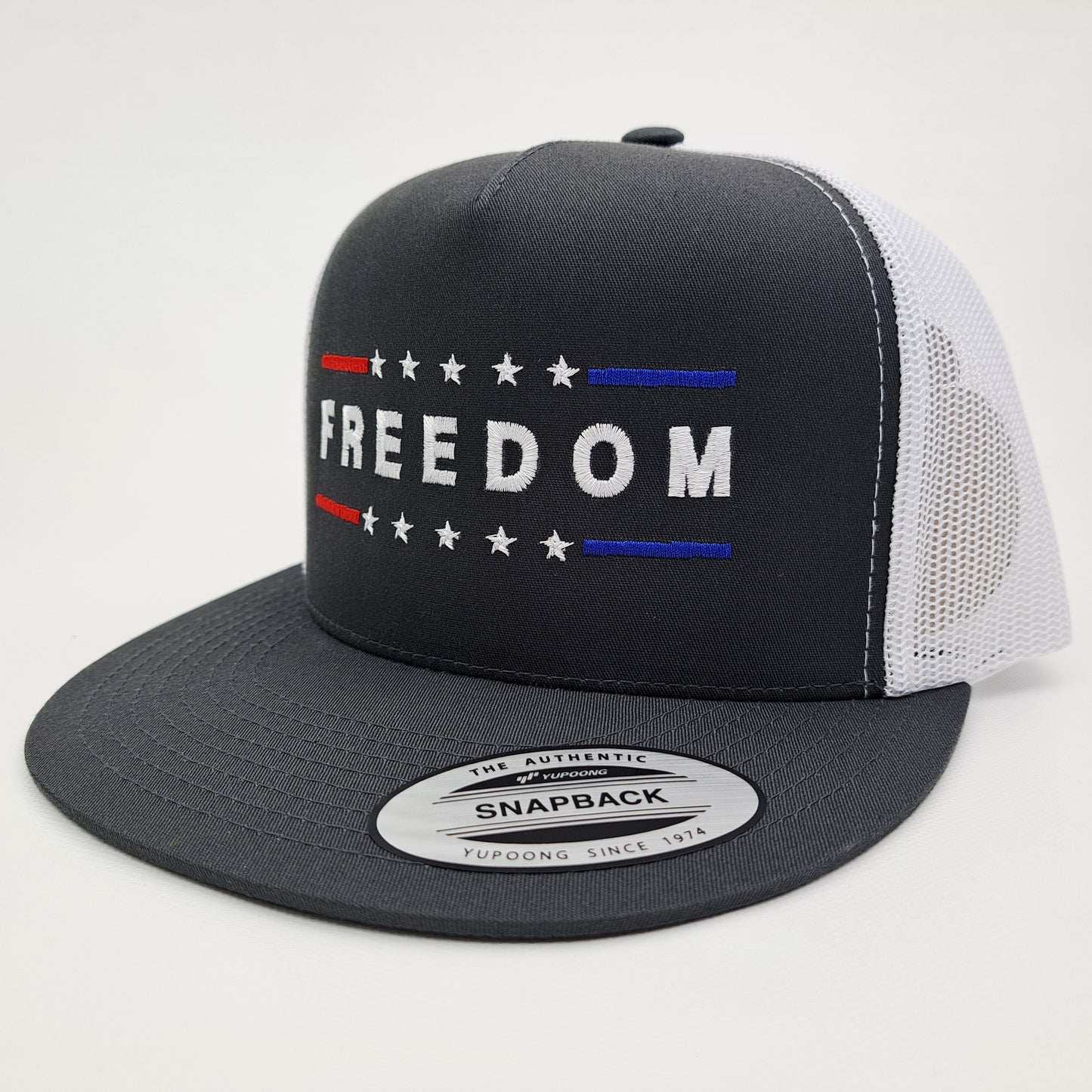Freedom Charlie Kirk Embroidered Flat Bill Trucker Mesh Snapback Cap Charcoal Gray