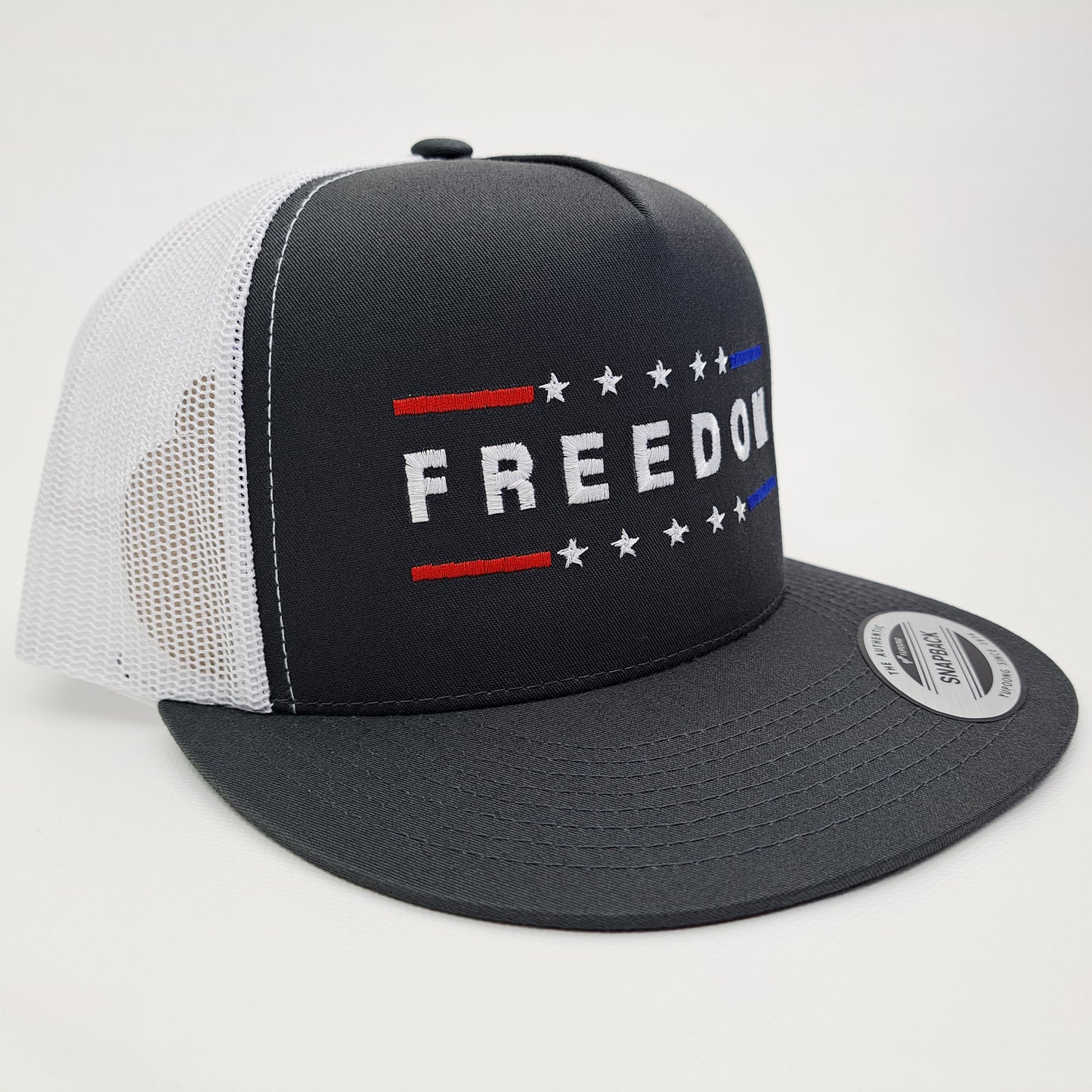 Freedom Charlie Kirk Embroidered Flat Bill Trucker Mesh Snapback Cap Charcoal Gray