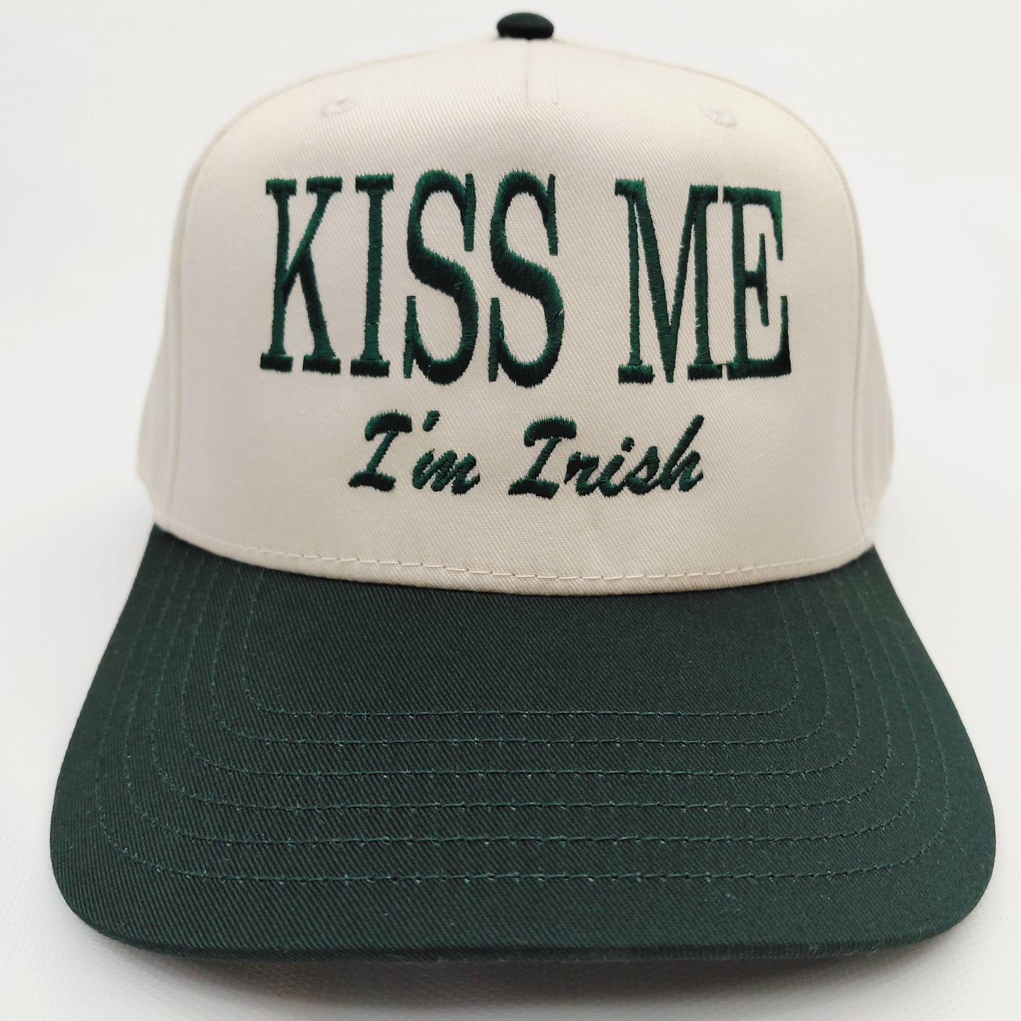 Kiss Me I'm Irish St. Patrick's Day Lucky Hat 5 Panel Snapback Cap Green / Beige