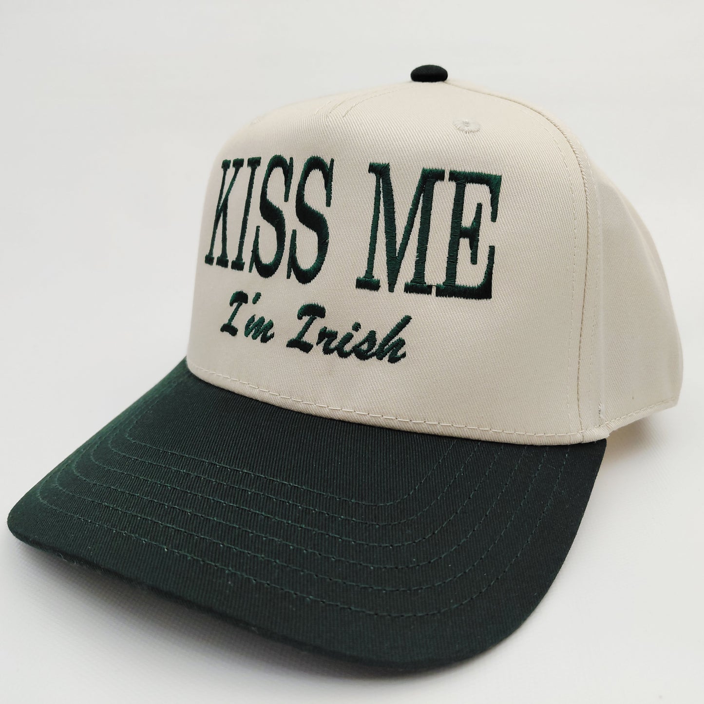 Kiss Me I'm Irish St. Patrick's Day Lucky Hat 5 Panel Snapback Cap Green / Beige
