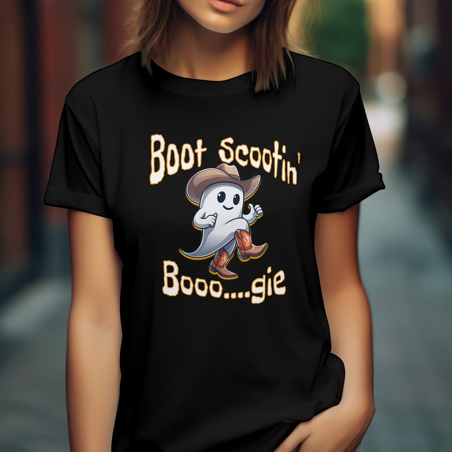 Boot Scootin' Booo...gie Ghost Halloween Funny Humorous T-shirt Black 100% Cotton