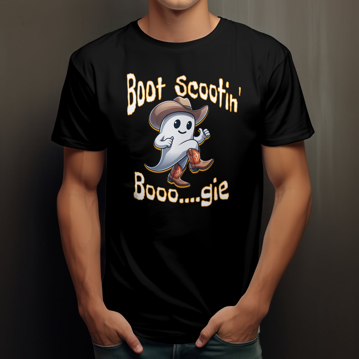 Boot Scootin' Booo...gie Ghost Halloween Funny Humorous T-shirt Black 100% Cotton