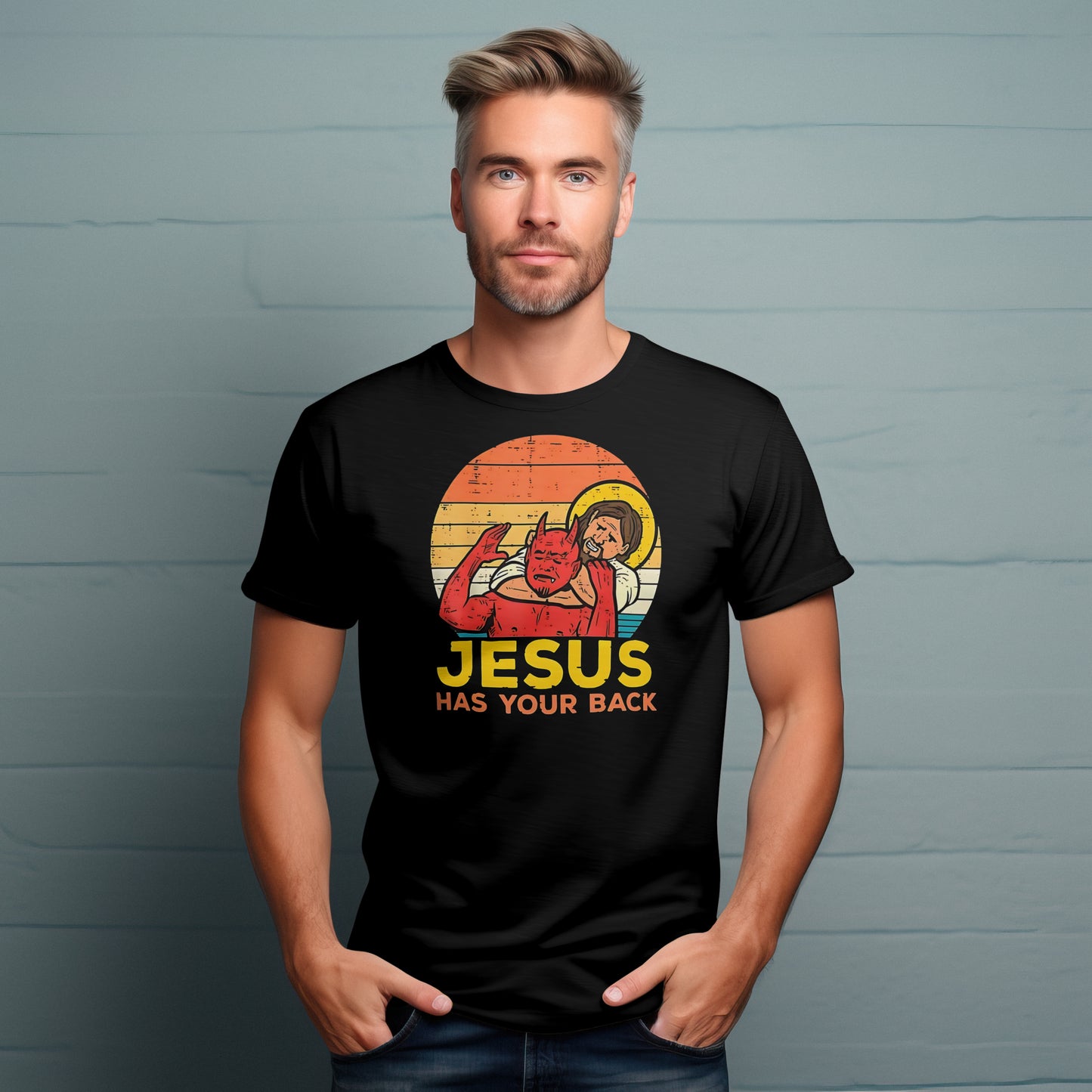 Jesus Has Your Back Men’s Funny Humorous T-shirt Black 100% Cotton