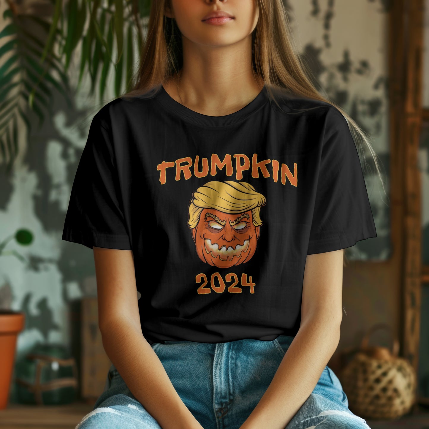 Trumpkin 2024 Donald Trump Halloween Funny Humorous T-shirt Black 100% Cotton